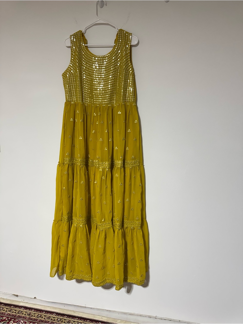 Yellow Tiered Sequin Bodice Maxi Dress